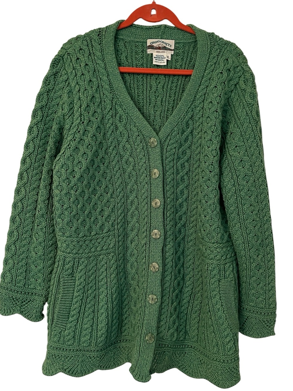 Aran Crafts Green Scalloped Long Cardigan 100% merino wool size XL
